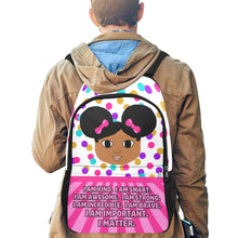 Load image into Gallery viewer, Cocoa Cutie Afro Puffs and Pink Bows Affirmations Backpack (PICK YOUR SKIN TONE)
