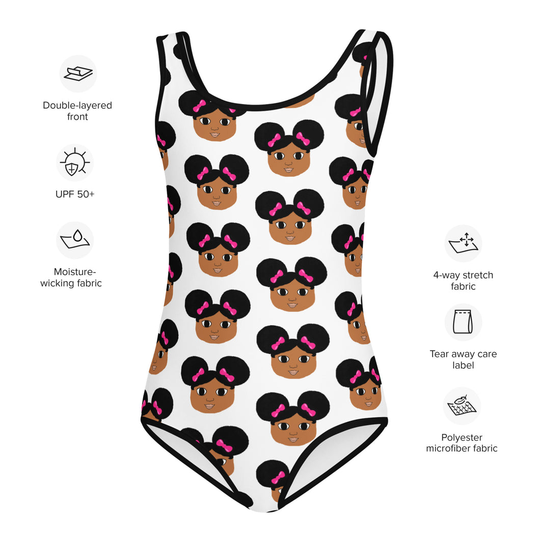 Afro Puffs and Pink Bows Cocoa Cutie Kids Swimsuit(2T-7-PICK SKIN TONE