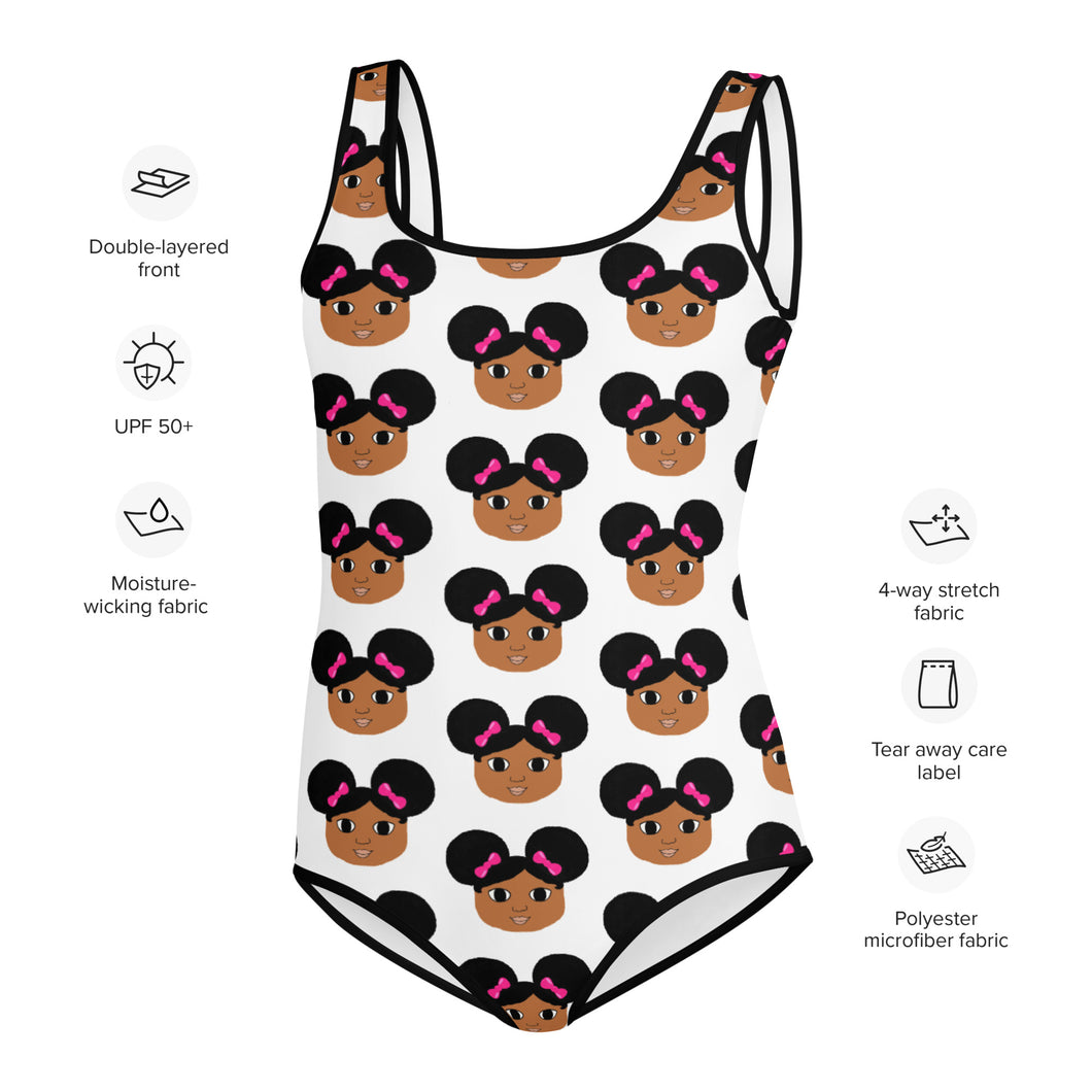 Afro Puffs and Pink Bows Cocoa Cutie Youth Swimsuit(8-20)-PICK SKIN TONE