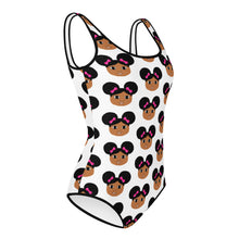 Load image into Gallery viewer, Afro Puffs and Pink Bows Cocoa Cutie Youth Swimsuit(8-20)-PICK SKIN TONE
