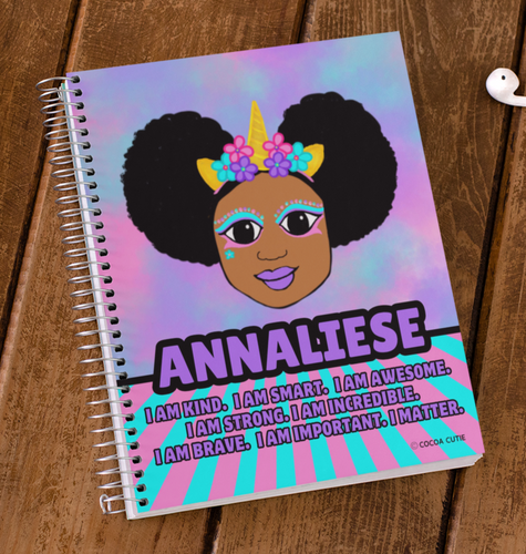 Black girl with unicorn tiara. notebook contains positive affirmations on front and inside cover. Spiral notebook. Cocoa Cutie